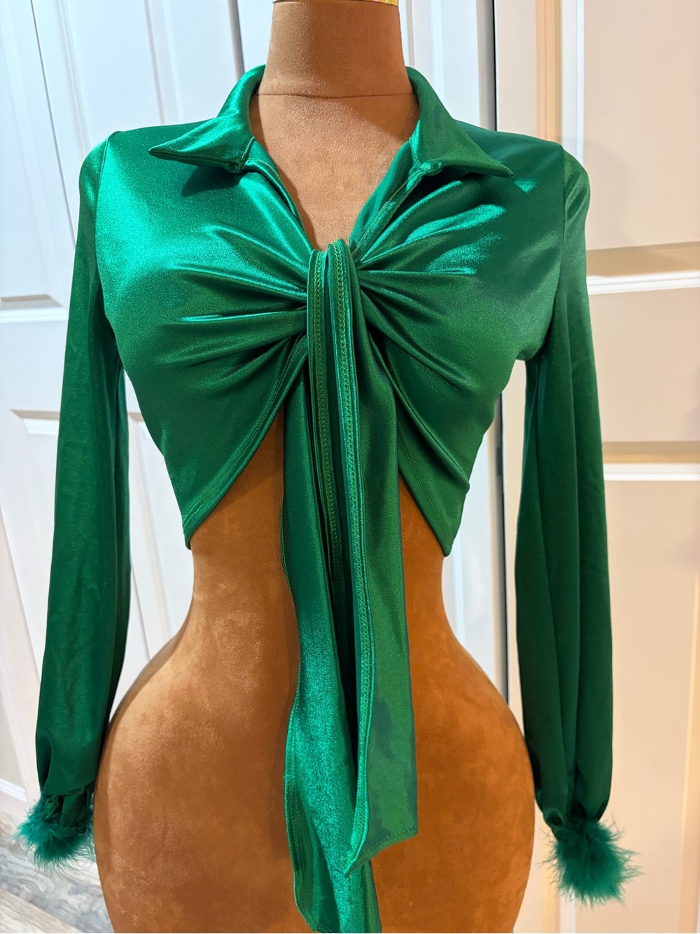 Emerald Tie-Front Long-Sleeve Crop Top